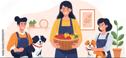 Three smiling people with dogs, holding a basket of vegetables