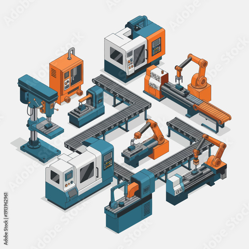 Industrial machinery and robotic arms in a factory setting.