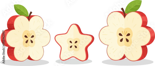 Three stylized apple slices, one star-shaped, two flower-shaped, with seeds