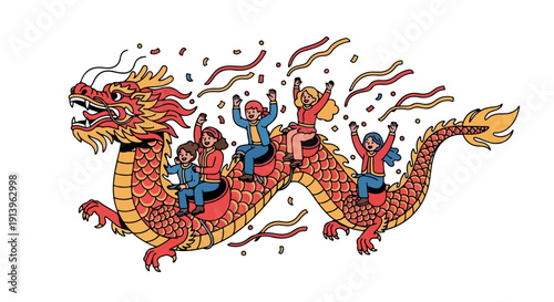 Illustration of children riding a colorful dragon with festive ribbons and sparks on a white background.