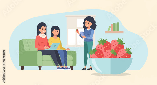 Three women in a room with laptops and a bowl of strawberries