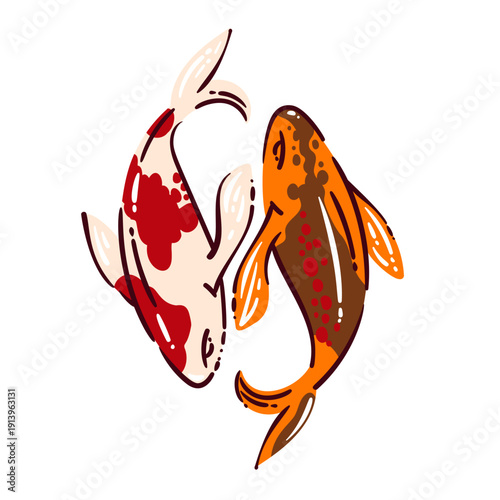 Two koi fish swimming together, red and orange Japanese carp with flowing fins and curved shapes. Traditional Japan symbol of luck and harmony in cartoon doodle style, koi fish vector illustration.