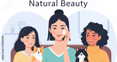 Three women, two dogs, and potted plants in a pleasant interior scene