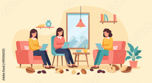 Three women relax on sofas, reading and snacking on nuts