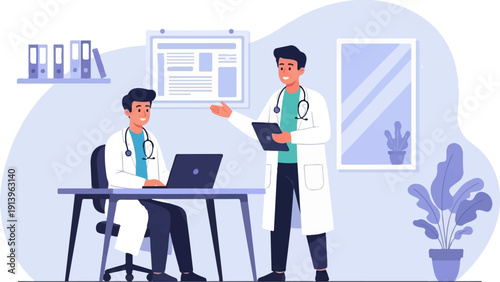 Two doctors in a room with a desk, laptop, and plants