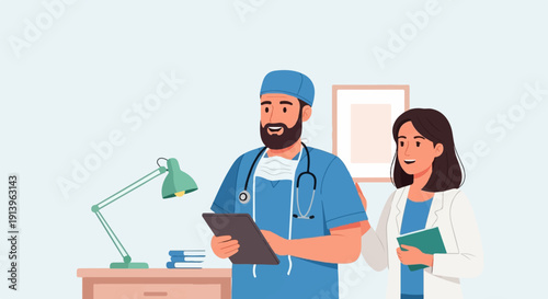 Two doctors in blue scrubs and white coat discussing a tablet and book