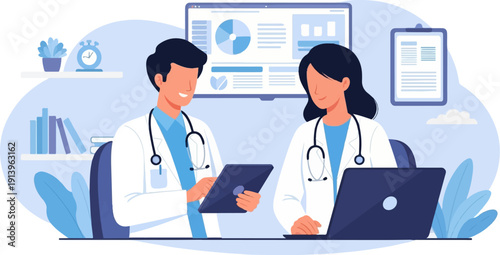 Two doctors reviewing medical data on devices in an office setting