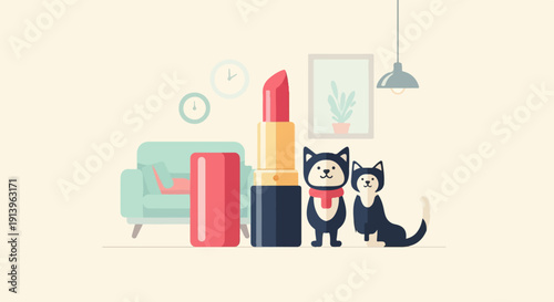 Two dogs and a lipstick in a cozy room setting