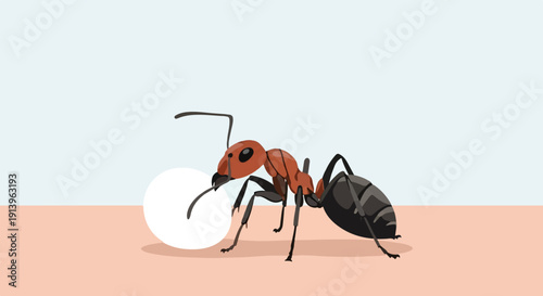 Tiny red ant carrying a white orb against a two-tone backdrop