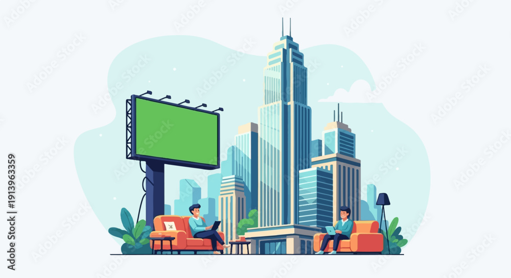 Obraz premium Two men relax with laptops in front of a city skyline and green billboard