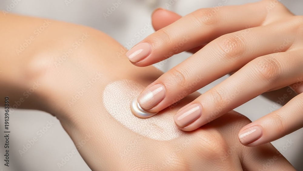 Naklejka premium Gentle hand care: woman applies a small amount of pearlescent white cream to her skin, promoting soft hydrated skin and a healthy skincare routine
