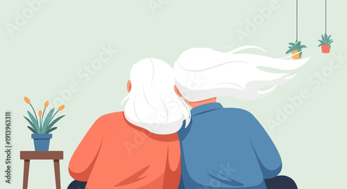 Two elders with white hair sitting together, facing away from camera