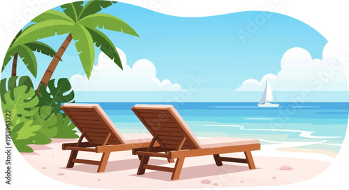Tropical beach scene with two lounge chairs facing the ocean and a sailboat