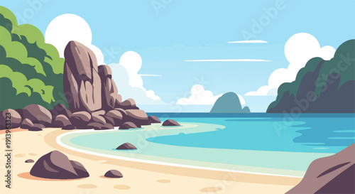 Tropical beach with calm turquoise waters, rocky shore, and lush green hills