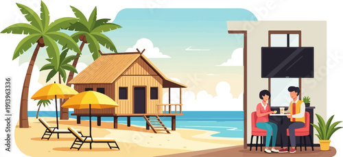 Tropical beach cafe with hut, palm trees, lounge chairs, and couple dining