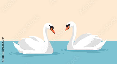 Two elegant white swans float gently on calm blue water under a soft sky