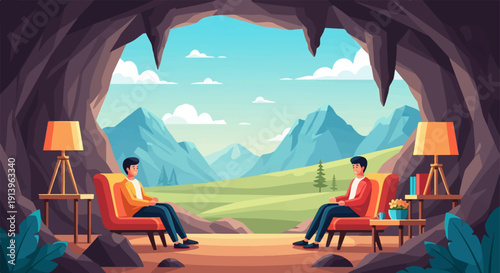 Two men relaxing in a cave with a mountain view, lamps, and books