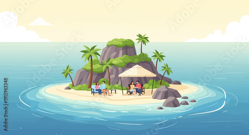 Tropical island paradise with people relaxing by the shore under palm trees