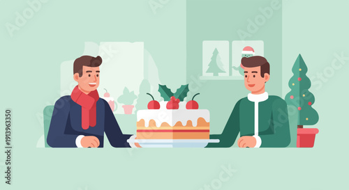 Two men sharing a festive cake near a decorated tree
