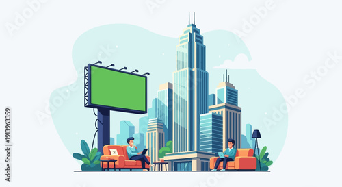 Two men relax with laptops in front of a city skyline and green billboard