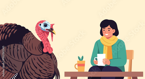 Turkey and woman with coffee and plant at a table
