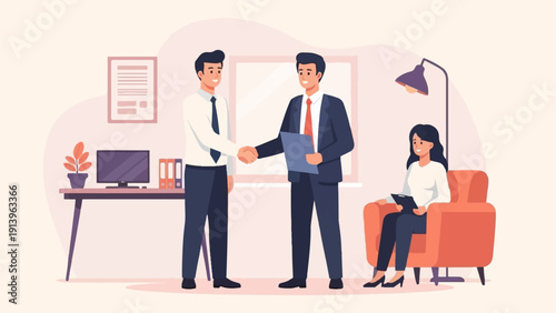 Two men shaking hands in office, woman watches from armchair