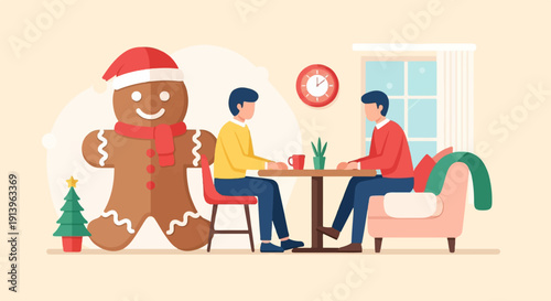 Two men sit at a table in a festive room with a large gingerbread man