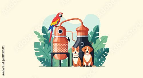 Tropical still with parrot and two dogs in lush foliage