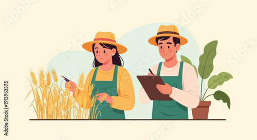 Two farmers wearing hats and overalls inspect wheat crops with a clipboard