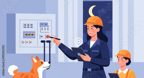 Two female engineers checking electrical panel with dog present at night