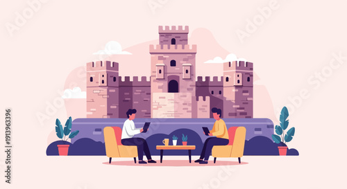Two men sit in yellow chairs, looking at tablets, by a castle