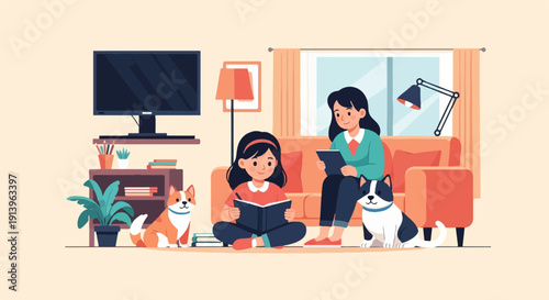 Two females and two dogs relax in a living room with a TV and couch