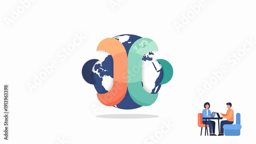 Two abstract globes form a central connection, with two people meeting