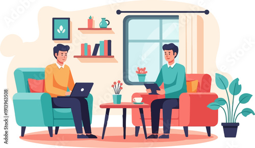 Two men working on laptops and tablets on sofas in a cozy room