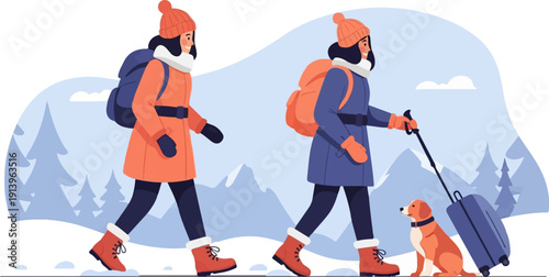 Two friends with backpacks and a dog trekking through snowy mountains
