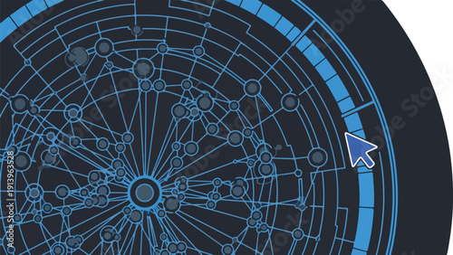 A blue digital illustration of a circular interface with a cursor hovering over a radial menu