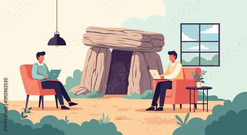 Two men working remotely next to ancient stone structure