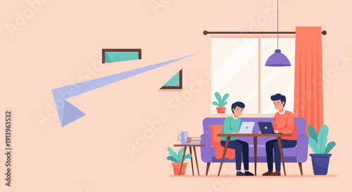 Two men working on laptops on a couch in a living room