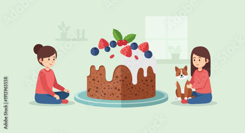 Two girls and a dog sit by a fruit-topped cake
