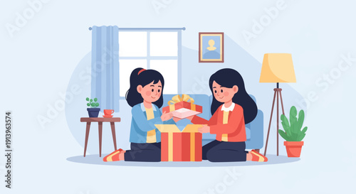 Two girls exchanging a surprise gift, seated on floor by window