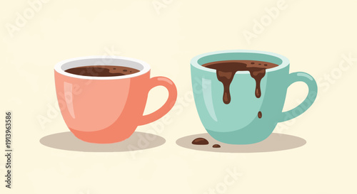 Two mugs of hot chocolate, one spills over, on a light background