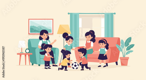 Two mothers watch their five children play soccer inside a cozy living room