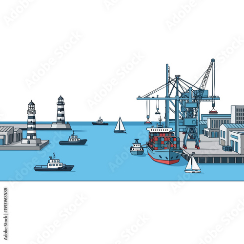 Modern Seaport with Ships Cranes and Waterfront Infrastructure