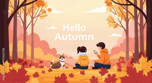 Two people and dog enjoy autumn with colorful foliage and text