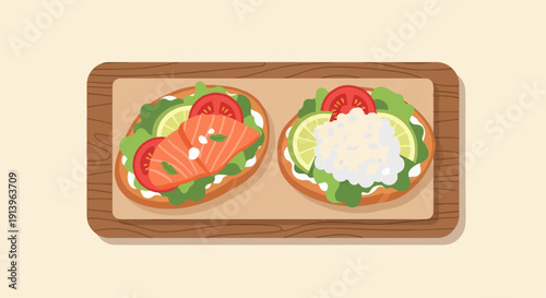 Two artistically rendered open-faced sandwiches, one with salmon, the other with white cheese