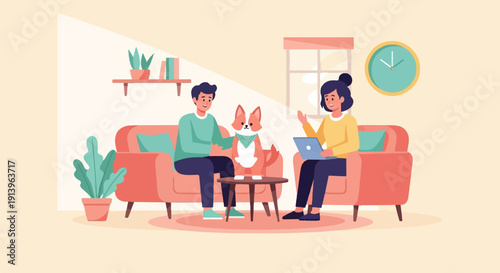 Two people and dog on couch, one with laptop, in a cozy room