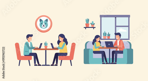 Two pairs of people working remotely in a cafe and at home