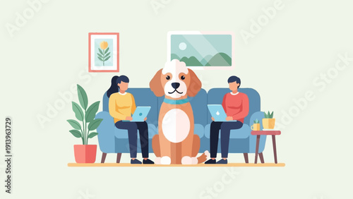 Two people and dog on couch with laptops and plants