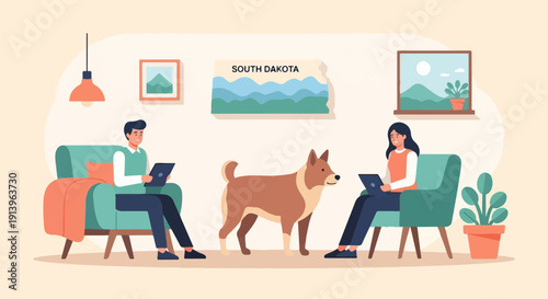Two people and dog relax at home, each on a laptop, near a map