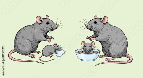 Two pairs of rats, one drinking from cup, one bathing in bowl